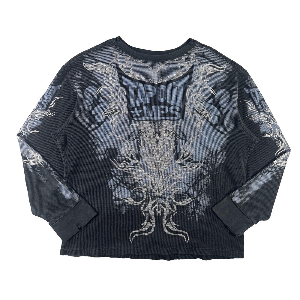 Tapout Shirt Mens 2XL Black Thermal Waffle Knit Long Sleeve Tribal MPS Graphic
